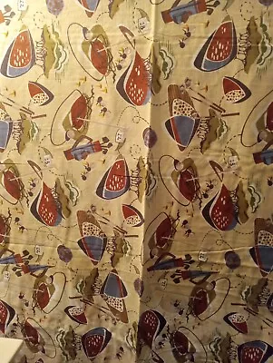 Vintage Mid Century Atomic Golf Barkcloth Fabric MCM 90  X 87  Tablecloth • $48