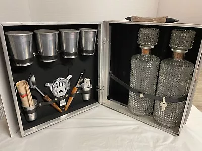 Vintage Travel Bar Set In Hard Case W/ 2 Glass Decanters Great For Campers  • $55