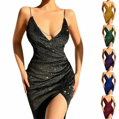 Womens Sequin Bling Evening Party Bodycon Mini Dress Long Sleeve Ball Prom Gown • $25.34