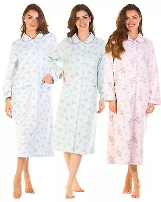 La Marquise Button Robe Mock Quilt Cotton Rich Long Sleeve Floral Dressing Gown • £22.99