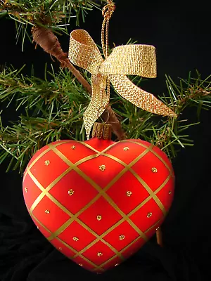 Vintage Glass Ornament: RED HEART W GOLD DESIGNS 4  Ht Just Beautiful Elegance • $39.98