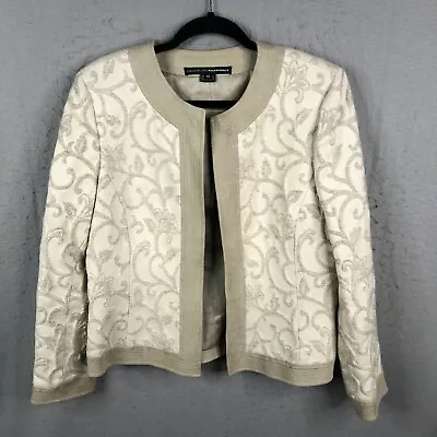 Linda Allard Ellen Tracy Jacket Womens 12 Beige 3D Scrolls Vegan Leather Trim • $38.78