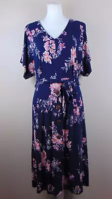 J.Jill Dress Medium Petite Midi Floral V-Neck Belted Short Sleeve Stretch MP • $25.48