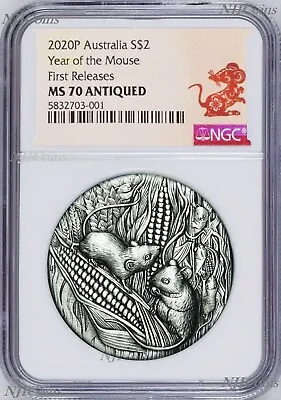 2020 Australia Antiqued LUNAR Year Of The MOUSE 2oz $2 Silver Coin NGC MS70 FR  • $399.99