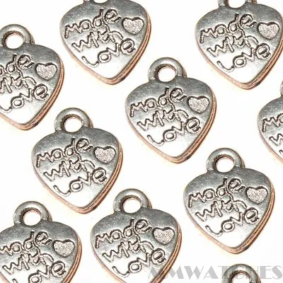 10 TIBETAN ANTIQUE SILVER MADE WITH LOVE HEART CHARM PENDANT BEAD 10mmx12mm TS65 • £3.29