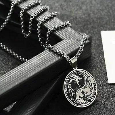 Mens Stainless Steel Protection Amulet Dragon Yin Ying Yang Pendant Necklace Men • £4.62
