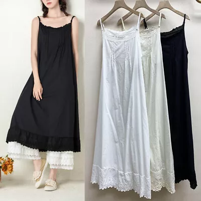 Lady 100% Cotton Camisole Full Slip Dress Cami Chemise Maxi Lace Dress Petticoat • $16.80