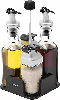 5pcs Glass Oil Vinegar Salt Pepper Dispenser Bottle Serving Cruet Set With Stand • £11.99