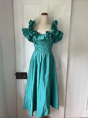 Vintage 70s 80s Prom Dress Size 10 Small Green Taffeta Ruffle Maxi Dress Full Le • £43.39