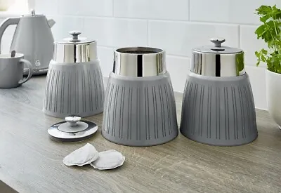 Swan Retro Grey Tea Coffee & Sugar Canisters New Set Of 3 Kitchen Storage Set • £29.95
