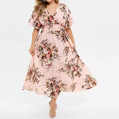 Plus Size Womens Boho Floral Maxi Dress Ladies Short Sleeve Party Cocktail Dress • $30.69