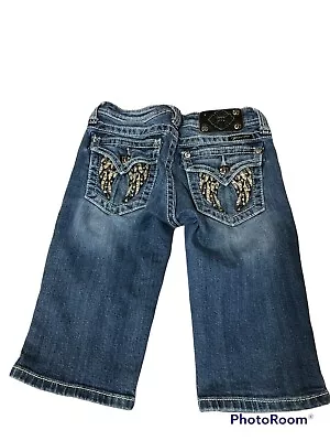 MISS ME Girls Cuffed Capri Jeans Skinny Shorts Sz 14 Cross Pockets Bling • $8