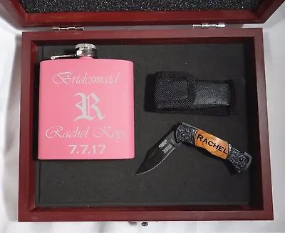 2 Bridesmaid Gift Sets Pink Flask Folding Pocket Knife Maid Of Honor Gift • $80.90