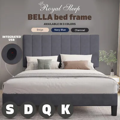 $249 • Buy Royal Sleep Bed Frame Single Double Queen King Bella Velvet Headboard Wooden USB