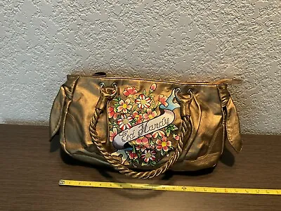 Ed Hardy 17  Gold Purse With Embroidered Floral And Ribbon Design.  EUC • $34.95