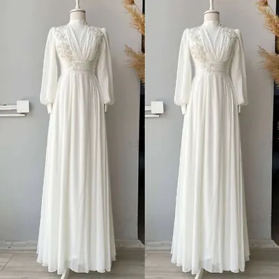 Elegant Chiffon Muslim Wedding Dresses Long Sleeves V Neck Simple Bridal Gowns • $134.99