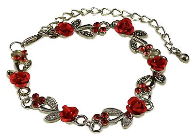 £2.99 • Buy Silver Tone Red Metal Rose And  Crystal Bracelet