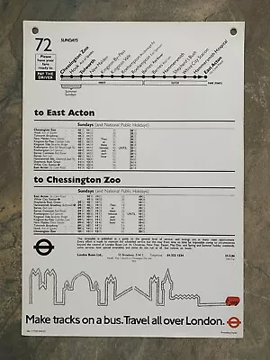 LONDON TRANSPORT 12  Bus Timetable Panel Bus 72 Panel B  25.5.86 • £0.99