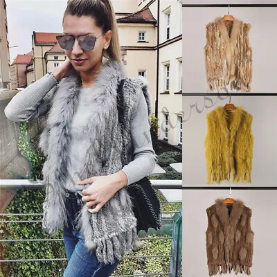 Real Women's Rabbit Fur Vest WIth Raccoon Fur Collar Tassels Coat Knitted Furry • £45.59