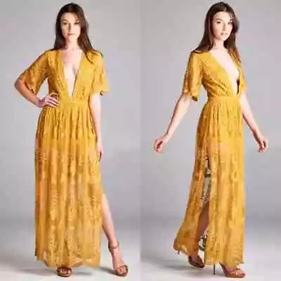 Honey Punch Mustard Yellow Spring Romper/dress Maxi Women's Size Medium Boho • $29.99