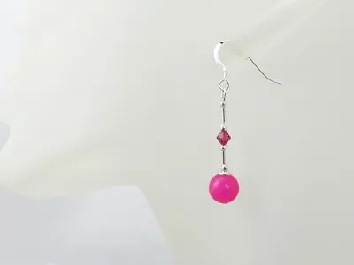 Hot Pink Fuchsia Jade Earrings With Swarovski Crystals & Sterling Silver Tubes • £14.75