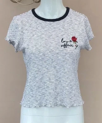£8 • Buy Topshop Embroidered Love Affair Tshirt Size 8 Floral Stripe Tee Top Lettuce Hem