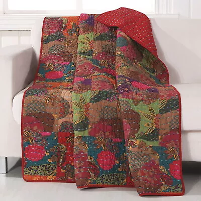 JEWEL RED 50x60 QUILT THROW : MOROCCAN BOHO FLORAL EXOTIC PRINT BLANKET • $59.45