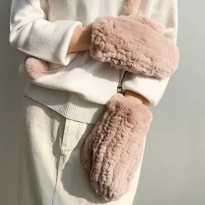 Women's Real Rex Rabbit Fur Gloves Full Mitten W String Knitted Wrist Mittens • $25