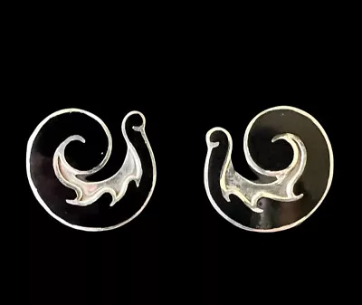 Margot De Taxco Sterling Silver Black Enamel Floral Spiral Earrings No. 5384 • $295