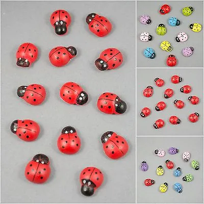 2 Sizes - Pack Of 12pcs Red Multicolour Wooden Ladybug Sticker Decoration Crafts • £1.99