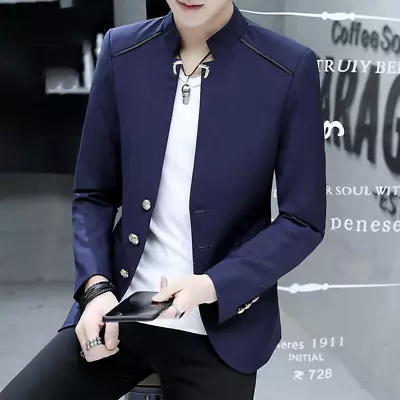 Men's Korean Slim Fit Blazer Jacket Single Breasted Stand Collar Long Sleeve New • $54.32