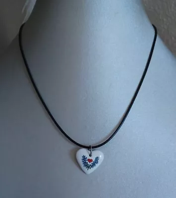 Vintage White Ceramic Heart Pendant Floral Hyacinth Pendant Black Cord Necklace • $15.99