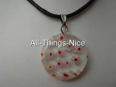 MILLEFIORI Murano Flower Glass 20mm CIRCLE Clear Red Pendant Necklace Jewellery • £2