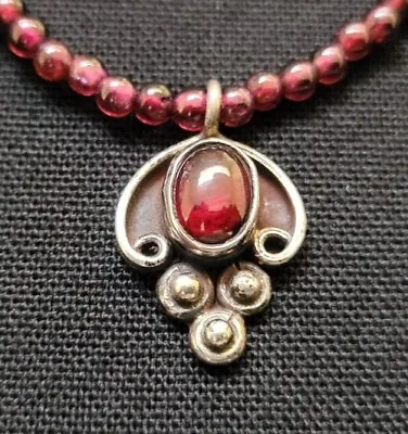 Vintage Sterling Silver Garnet Drop Pendant Necklace • $20