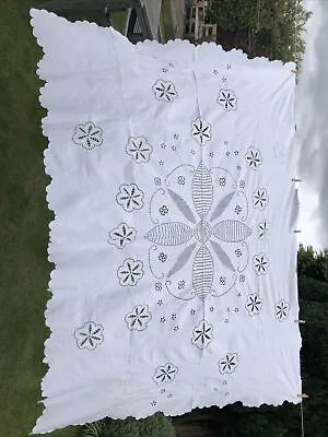 £34.50 • Buy XL Antique French  Linen Tablecloth Cut Away Embroidery Christmas Cloth 