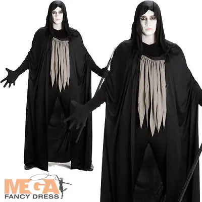 Dark Grim Reaper Mens Halloween Costume Black Hooded Robe Adults Fancy Dress • £15.99