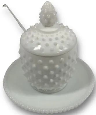 Vintage Fenton Milk Glass Hobnail Mustard Jar Jam Jelly Sugar Orig. Spoon +Plate • $22