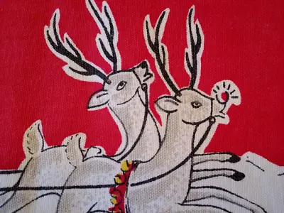 47 X54  CHRISTMAS TABLECLOTH 1940s Santa Sleigh Rudolph Reindeer Montgomery Ward • $185