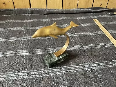 Vtg Cast Brass Dolphin Figurine On Green Marble Base Patina Ocean Beach Nautical • $21