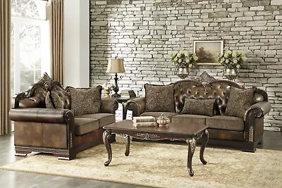 2 Pc Ornate Brown Faux Leather Tufted Leather Sofa Loveseat Furniture Set • $2299