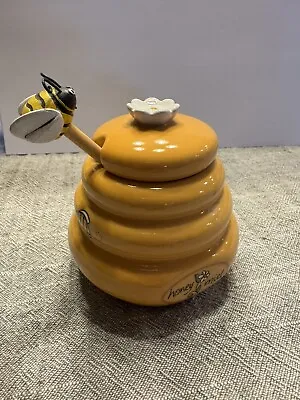 Vintage Honey Miel Beehive Jar Ceramic 3.5  Honey Pot Container W/ Lid & Spoon • $20