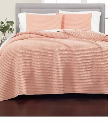 Martha Stewart Collection Washed Rice Stitch Cotton Percale Quilt - KING - Coral • $69