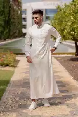 R24 LAWUNG Al-Ameer Adult Men's Thobe Modern Design Arabian Jubbah White/Gold • $120