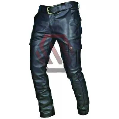 Mens Cowhide Black Leather Cargo Pants/Trousers With Cargo Pockets • $124.99