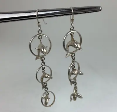 Vintage STERLING SILVER Triple Dolphins Jumping Thru Hoops EARRINGS Dangle Drop • $30