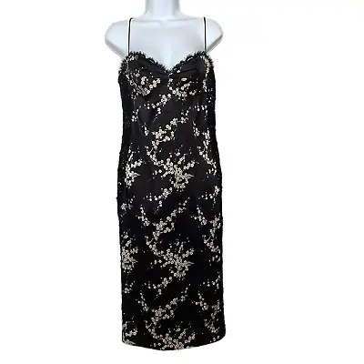 Dina Bar-El Vintage 100% Silk Black Floral Print Cocktail Evening Dress Size M • $71