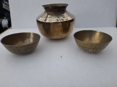 Set Of 3 Antique Asian Chinese Brass Bowls And Urn • £30