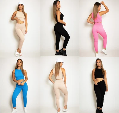 £23.49 • Buy Ladies Cropped 2 Piece Set Ribbed Legging Gym Yoga Body Fitting Womens Casual UK