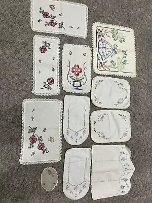 Lot Of 11 Vintage Hand Embroidered Dresser Scarves Matching Sets Various Sizes • $12