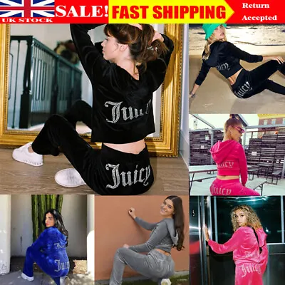 UK Women Juicy Print Diamante Logo Zip Up Velour Velvet Tracksuit Sweater Set • £27.88